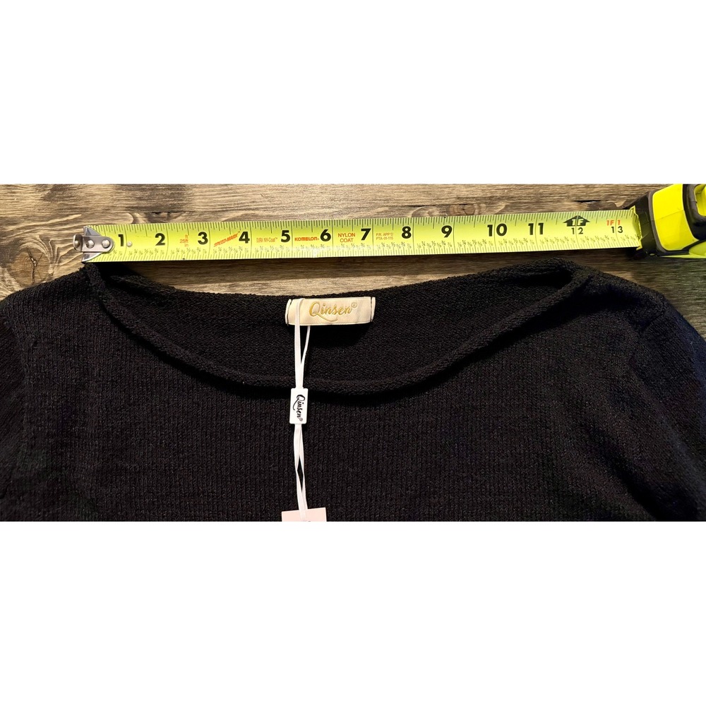 Qinsen Long Sleeve Knit Top Size L New Black Lettuce Trim Boat Neck Sweater - Picture 8 of 8